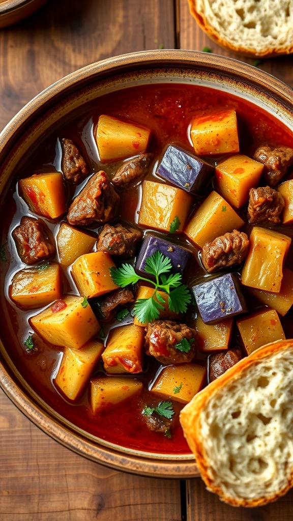 A bowl of beef and eggplant stew garnished with parsley, served with crusty bread on a rustic table.